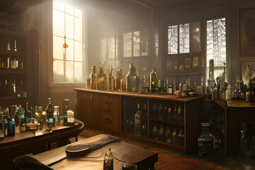 Poster - Alchemist lab. A strange and creepy cabinet of curiosities filled with lots of bottles and glass jars. CG Artwork Background. AI generated digital illustration