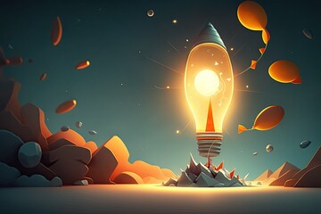 Wall Mural - Concept of original thought and new ideas. Cartoon background with a rocket shaped light bulb taking flight. Generative AI