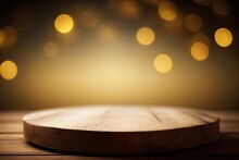 Blank Wooden Tabletop Against A Hazy, Gold Bokeh Abstract Background. Visual Compositional Cornerstone For Product Montages Or Designer's Reference. Generative AI