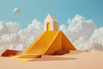 Sticker - Incredible desert scenery. Above the tall, yellow pyramid with stairs, a white cloud floats against a blue sky. Background with a modern, minimalist aesthetic. The idea of a challenge. Generative AI