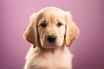 Canvas Print - On a pink background, a golden retriever puppy poses for a portrait. Generative AI