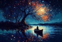 Boat On The Lake Of The Starry Night, Digital Art Style Painting, Generative AI