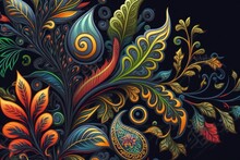 Floral And Vintage Leaves Abstract Colorful Paisley Pattern Background On Black Background As Digital Illustration (generative AI)