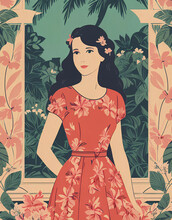 Decorative Poster With Woman In A Floral Dress. With A Hawaiian Hibiscus Flower In Her Hair.  Generative AI