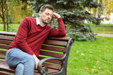 Canvas Print - Tired man sleeping on bench in beautiful green park. Space for text