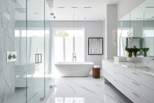 A Glass Enclosed Shower, A Freestanding Tub, Plenty Of Mirrors, A Toilet Hidden Behind A Privacy Wall, And Sleek White Cupboards Characterize The Roomy Master Bathroom. Generative AI