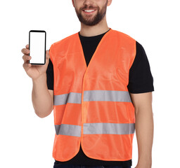 Wall Mural - Man in reflective uniform showing smartphone on white background, closeup