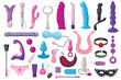 Cute sex toy set set concept without people scene in the flat cartoon design. Image of various sex toys that make sex life more interesting. Vector illustration.