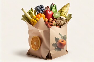 Sticker - Fruits and veggies fill a paper grocery sack. the top perspective against a white background. Generative AI