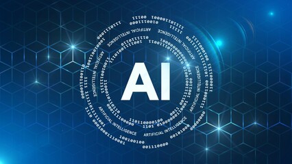 Poster - Artificial Intelligence technology concept AI - binary code and lettering arranged in a circle on graphic cube pattern background - 3D Illustration