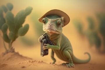 Sticker - A chameleon, wild and hilarious, ambles across a sandy landscape against a hazy forest of green trees. The animal poses like a model in front of the camera. A little green animal. Picture Taken in the