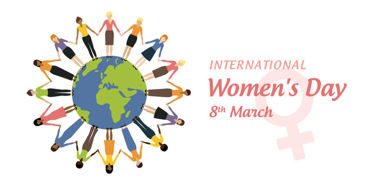 happy womens day 8th march group of different women on earth background
