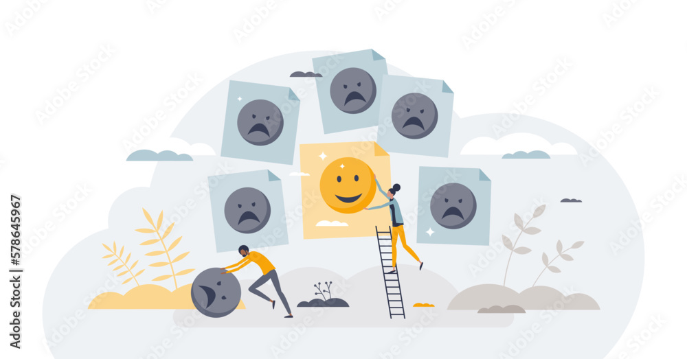 Positive attitude with optimistic behavior and mindset tiny person concept, transparent background. Change thinking with psychology therapy session or encouragement from friends illustration.