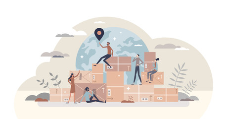 Wall Mural - Worldwide shipping or international cargo distribution tiny person concept, transparent background. Logistics or transportation around globe illustration. Export freight service.