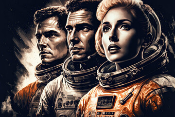 Wall Mural - poster with team of three astronauts in spacesuits. Generative AI illustration