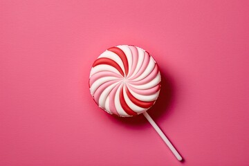 Canvas Print - A red and white lollipop on a pink background, with a white stick. Copy space in the top view. Generative AI