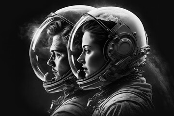 Wall Mural - astronaut men and women in spacesuits. Generative AI illustration