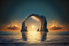 Clouds Floating Through The Arch In The Water In An Abstract Basic Seascape. Golden Sunset As A Backdrop. Generative AI