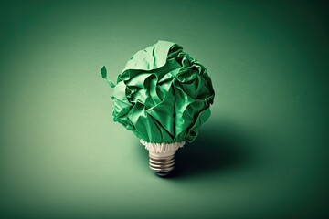 Sticker - Corporate Social Responsibility (CSR), green business, and environmental themes, copy space in the form of a crumpled paper lightbulb on a green background. Generative AI