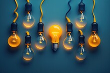 Minimal Concept Idea, Flat Lay, Top View Of Yellow Light Bulbs Hanging Against A Blue Background And Each Glowing With A Unique Theme. Generative AI