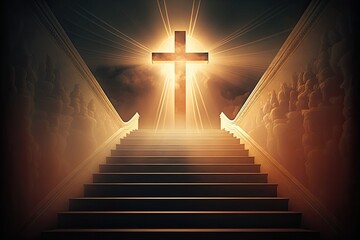 Wall Mural - Ascending stairway to the afterlife Holy Cross above, illuminated in brilliant light. Generative AI