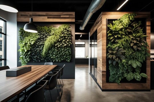 office interior design with wall plants, wood, industrial. generative ai