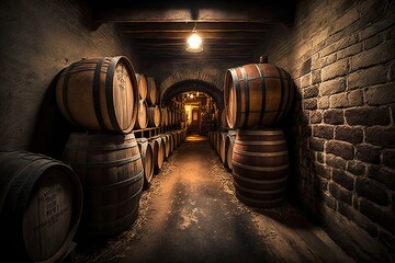 Alcohol barrel room interior. Generative AI