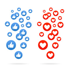 Poster - Like and Heart. Thumbs up. Flying hearts. Red hearts of different sizes fly away. Social nets blue thumb up. Social media concept. Blogging. Vector illustration