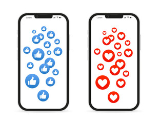 Poster - Like and Heart on a smartphone. Thumbs up. Flying hearts. Red hearts of different sizes fly away. Social nets blue thumb up. Social media concept. Blogging. Vector illustration
