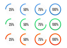 Set Of Circle Percentage Charts For Infographics, 25, 50, 75, 100 Percent. Loading Circle Bar Icon Set. Countdown Icons. Vector Illustration