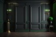 Green wall molding panels and a wooden floor create a classic, luxurious environment that is otherwise barren. As a modern black backdrop. illustration. Generative AI
