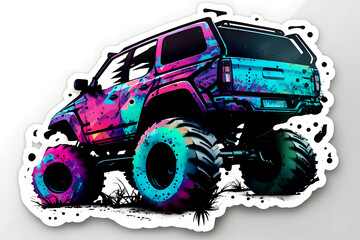 Monster truck sticker with multicolored paint splash. Neural network AI generated art