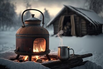 Sticker - Wintertime photo shows coffee brewing in a kettle over an open fire with typical Finnish sausages with fog and snow. Relaxing over coffee at the end of the day. Generative AI