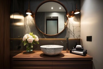 Poster - Modern bathroom design including a round mirror and a vessel sink. Generative AI