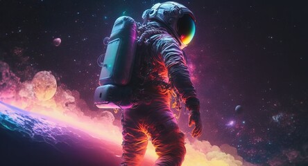 Wall Mural - colorful, vivid illustrations of astronaut in space surfing on surfboard waves of galaxies generate 