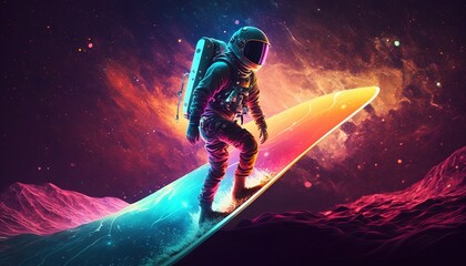 Wall Mural - colorful, vivid illustrations of astronaut in space surfing on surfboard waves of galaxies generate 