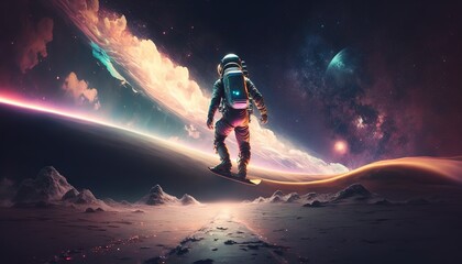 Wall Mural - colorful, vivid illustrations of astronaut in space surfing on surfboard waves of galaxies generate 