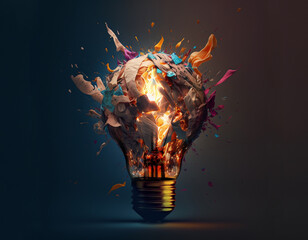 creative light bulb explodes with splashes of multi-colored paint on a dark background. creative ide