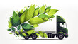 grüner Lieferwagen aus Pflanzen vor weißen Hintergrund, generative AI