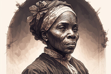 women's history month | an intricately detailed drawing of harriet tubman, featuring delicate lines 