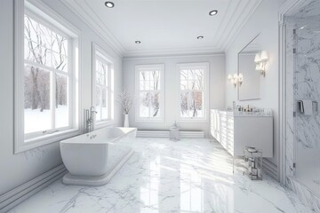 Poster - The bathroom is all white, including the marble floor, tub, and shower. Empty modern room with sleek furnishings and a single window. Generative AI
