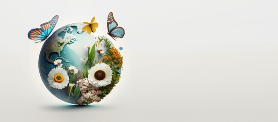 Wall Mural - Earth day background with flowers and butterfly, World environment day concept. Generative Ai