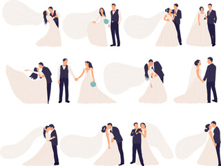 Wall Mural - set of bride and groom in flat style isolated vector