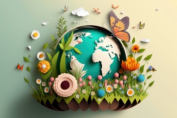 Wall Mural - Earth day concept with flowers and butterfly paper cut style, World environment day concept. Generative Ai