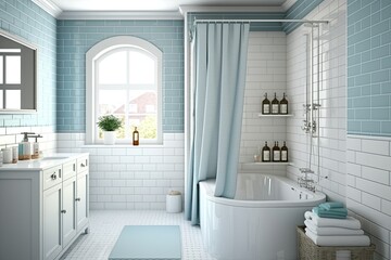 Wall Mural - Decorating a bathroom in white and blue with a glass shower enclosure, a niche shelf, a tub with a curtain, a side table, and tiling. An image of a contemporary dwelling. Generative AI