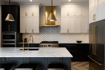 Wall Mural - 29 DECEMBER 2019 CHICAGO, IL, USA White herringbone marble countertops and backsplash, black and white cabinets, gold fixtures. Generative AI