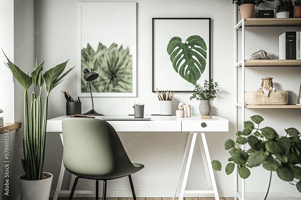 Image of a minimalist home office in a contemporary flat with plants ...