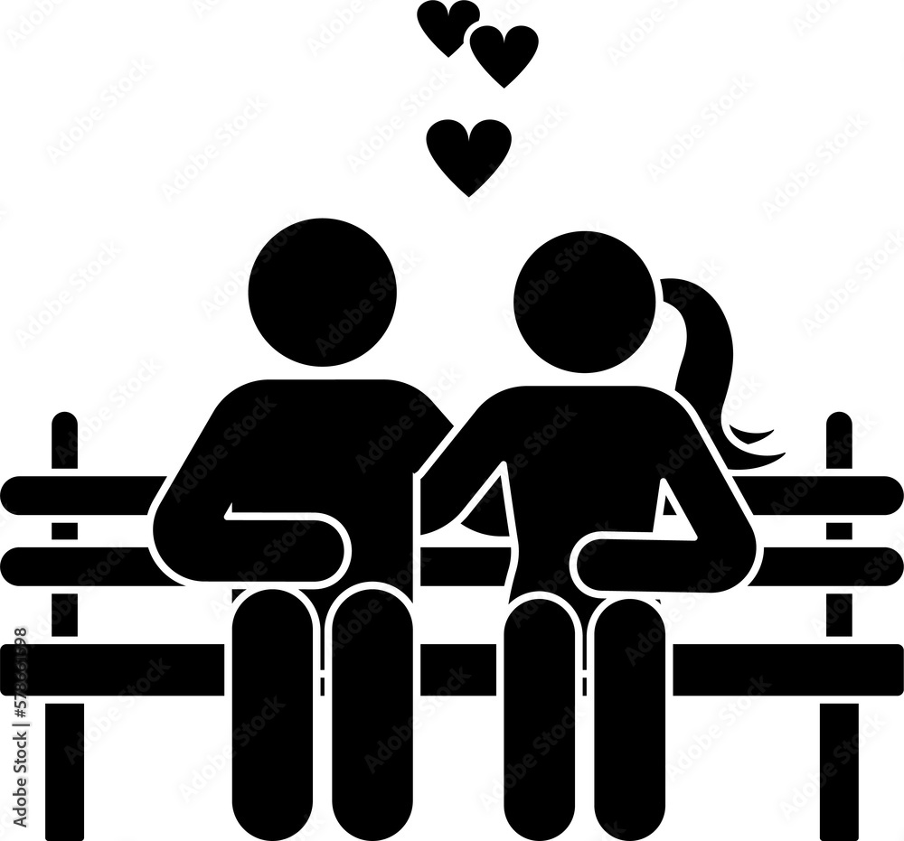 Happy stick figure couple in love sitting on bench icon. Black and ...