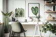 Image of a minimalist home office in a contemporary flat with plants and abstract art as a background for a copy space. Generative AI