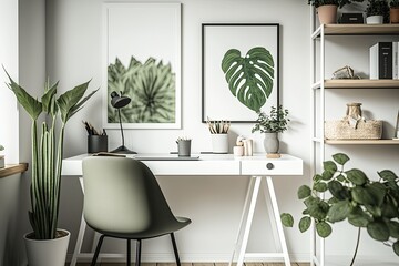 Wall Mural - Image of a minimalist home office in a contemporary flat with plants and abstract art as a background for a copy space. Generative AI